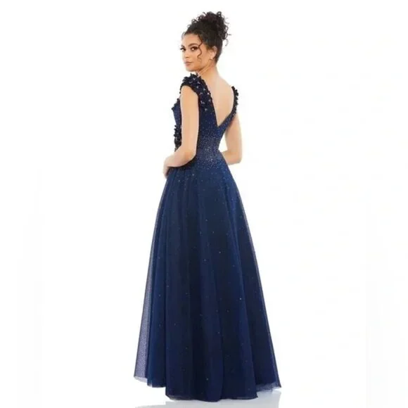 Mac Duggal 11152 3D Floral Applique A-Line Evening Gown Midnight Blue Sz. 20 NWT - Picture 2 of 8